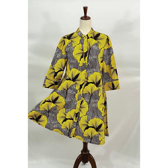 ZURI Kenya S Small Walking on Sunshine Yellow Brown Print 3/4 Slv Shirt Dress - Picture 1 of 9